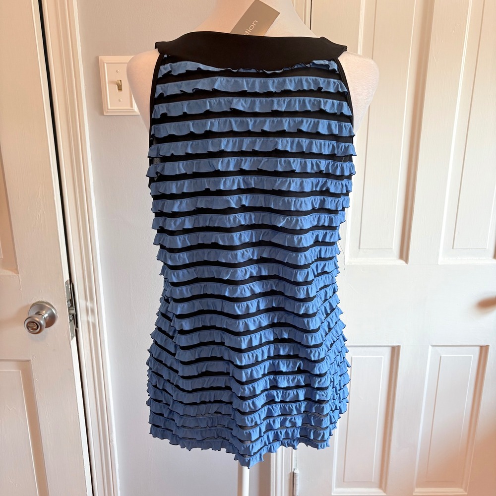 NY Collection Womens Large Tank Top Blue Black Tiered Ruffled Sleeveless Blouse - Picture 3 of 8
